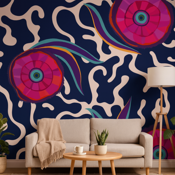 Cosmic Coral – Make a bold statement with Cosmic Coral Bloom — a vivid abstract wallpaper featuring artistic floral energy and flowing motion in magenta, coral, and teal tones