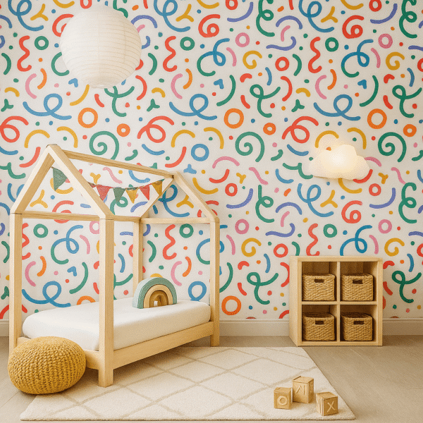 Doodles Riff – Abstract wallpaper with multicolored squiggles and playful shapes in red, blue, green, orange, and yellow tones, vibrant and artistic design for kids’, child