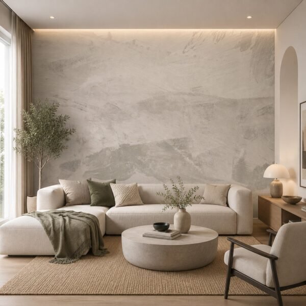 Faded Fresco – Warm greige abstract plaster-effect wallpaper with layered painterly brushstrokes