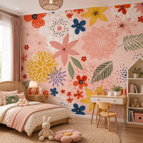 Fleur Fanfare – Playful oversized floral wallpaper with blush pink, mustard, coral, navy and sage botanical shapes