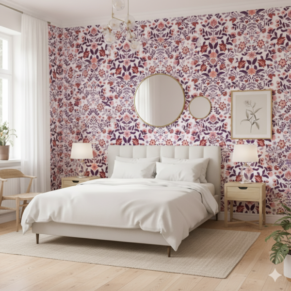 Floral Medallion – Floral wallpaper with pink, purple, and red flowers, bold blossom patterns, botanical designs, and colorful nature‑inspired wall art