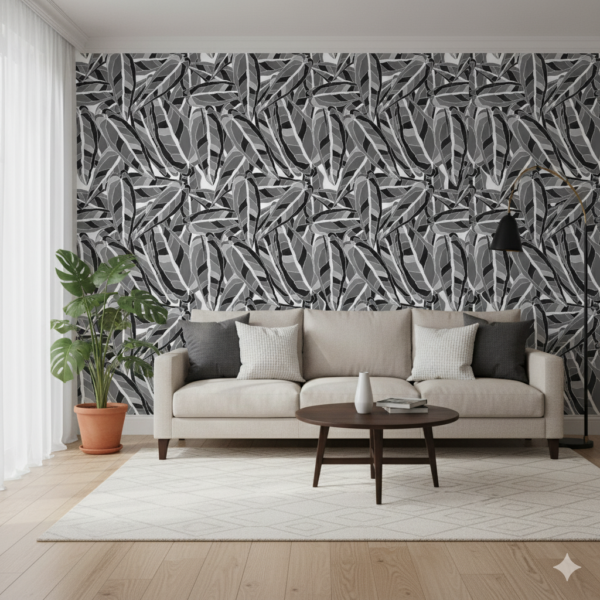 Foliage Noir – Black and white foliage wallpaper with tropical leaves, leaf patterns, botanical designs, and nature‑inspired wall art