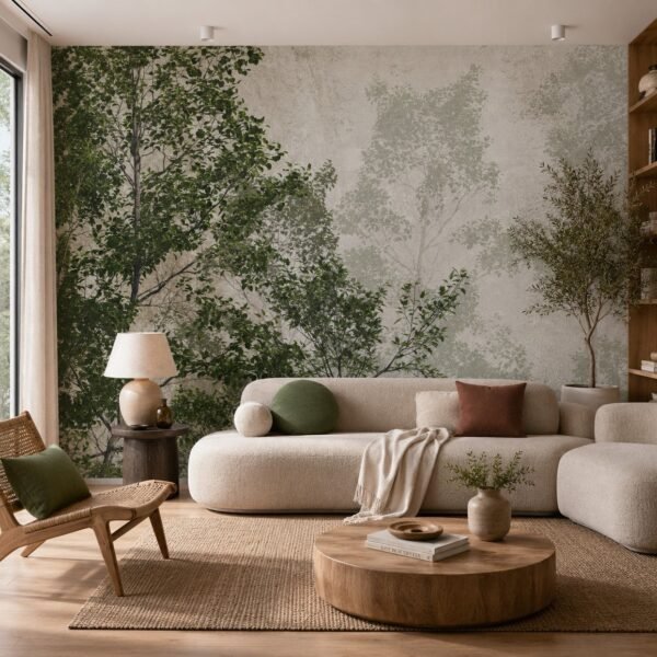 Forest Vestige – Layered green forest wallpaper mural with softly faded tree silhouettes and textured neutral tones