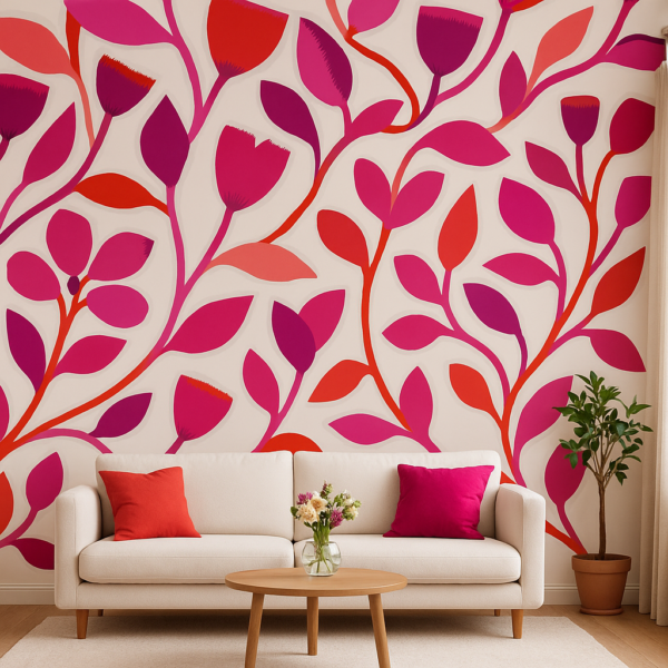 Fuchsia & Coral – Colorful floral wallpaper with pink, red, orange, and purple flowers, abstract blossom patterns, botanical designs, and vibrant nature‑inspired wall art