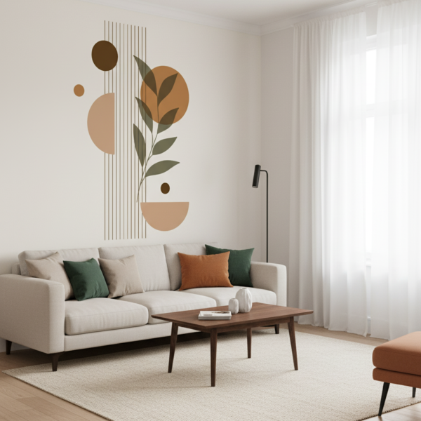 Geo Zen – Abstract wallpaper with brown, orange, and green geometric shapes, stylized leaf patterns, earthy botanical designs, and modern contemporary wall art