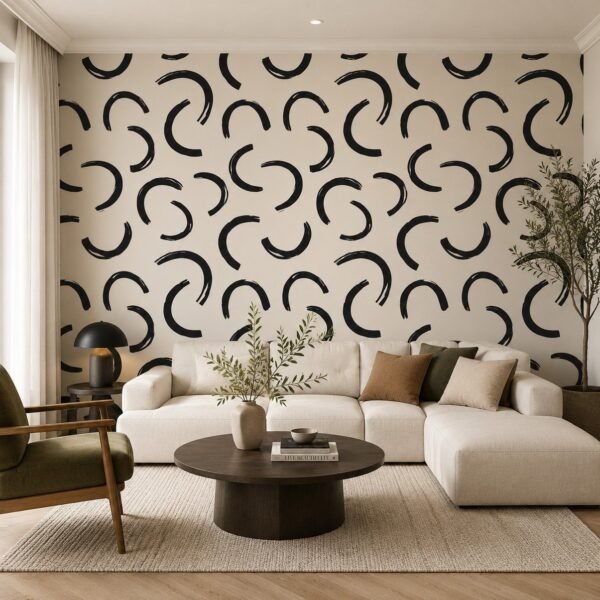 Gestural Arcs – Bold black brushstroke arc wallpaper on a warm ivory background