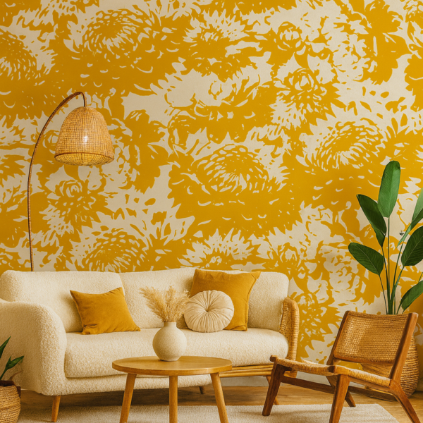 Golden Dahlia – Yellow and white abstract wallpaper with bold patterns, modern geometric designs, artistic textures, and contemporary wall art