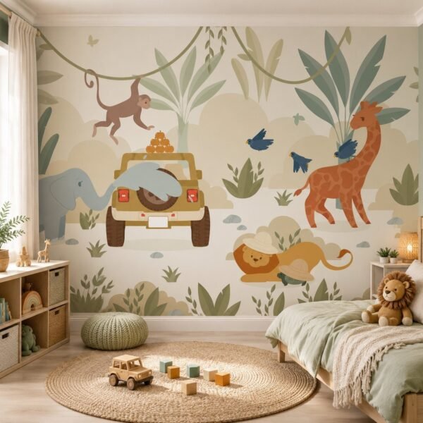 Jungle Parade – Playful pastel safari jungle wallpaper with animals, jeep, vines and tropical leaves