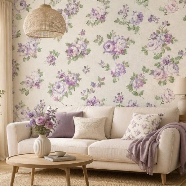 Lilac Keepsake – Elegant lilac rose wallpaper with softly painted floral bouquets and fresh green leaves on an ivory background