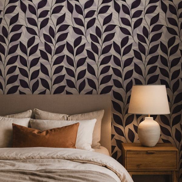 Lilac Serenity – Purple botanical wallpaper with elegant leaf pattern, modern floral wall design for bedrooms, living rooms, and stylish interiors
