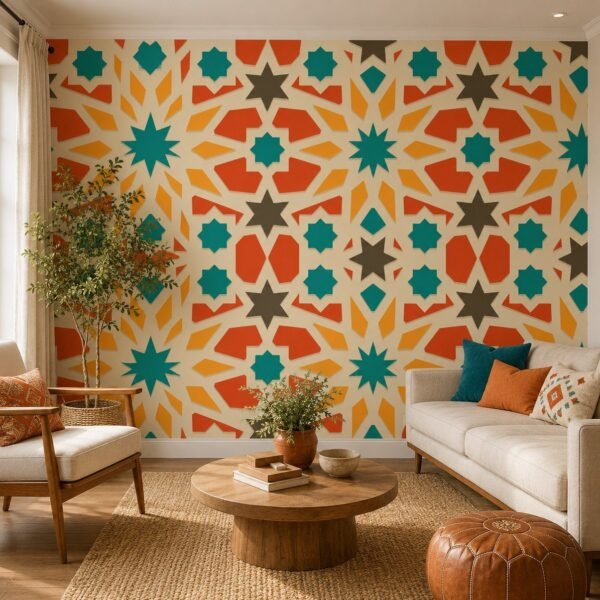 Medina Starwork – Vibrant geometric mosaic wallpaper featuring interlocking starbursts and angular motifs in terracotta, teal, saffron and warm beige