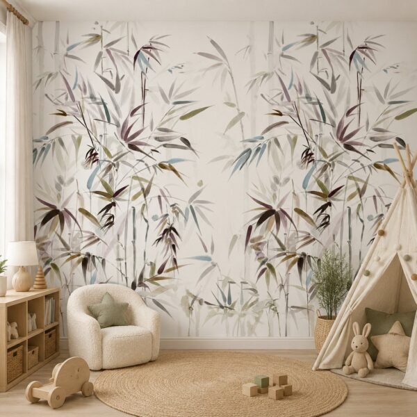 Misty Culms – Airy watercolor bamboo wallpaper with delicate translucent leaves in muted green, blue, plum and grey