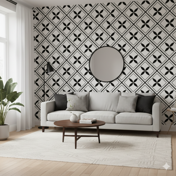 Modern Lattice – Black and white geometric wallpaper with diamond patterns, floral motifs, modern abstract designs, bold monochrome textures, and contemporary wall art