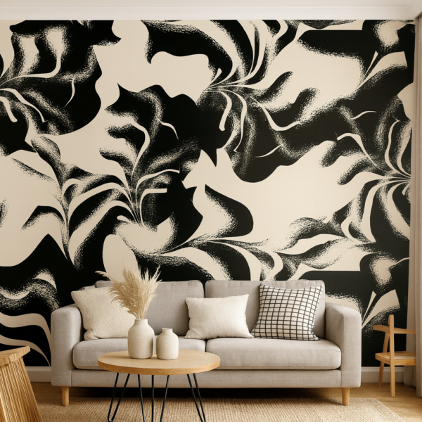 Monochrome Botanical – Striking monochrome abstract floral wallpaper, featuring bold black and white organic leaf patterns and swirling botanical elements