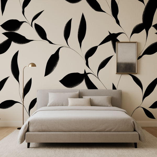 Monochrome Leaf – Black and white leafy wallpaper with bold leaf patterns, tropical foliage designs, botanical motifs, and modern contemporary wall art