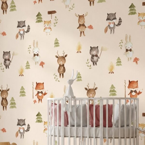 Mossy Mischief – Whimsical woodland animal wallpaper with watercolor foxes, deer, rabbits, bears, raccoons, pine trees and campfire details