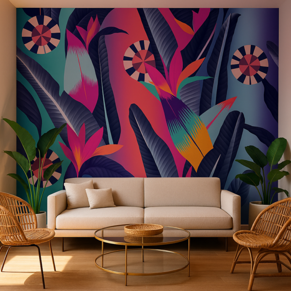 Neon Tropical – Colorful abstract wallpaper with pink, purple, orange, teal, and navy blue patterns, artistic geometric shapes, modern mural designs