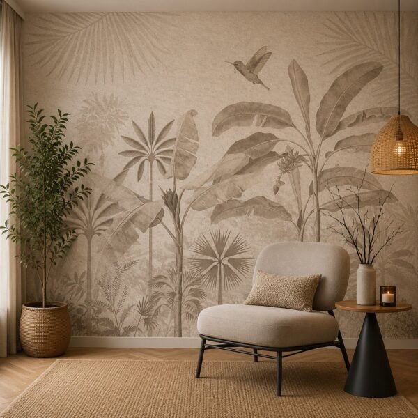 Palmera Fresco – Soft beige and taupe tropical wallpaper with layered palms, banana leaves and a delicate hummingbird