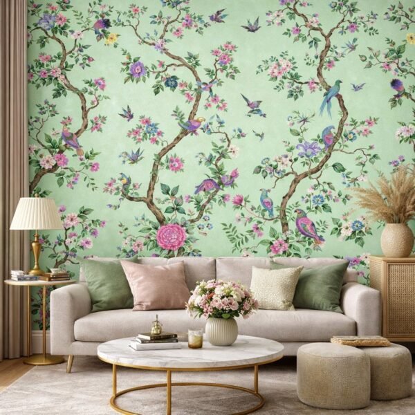 Pastel Dynasty – Luxury chinoiserie floral wallpaper with colorful birds and blooming flowers for living room, bedroom or hall in elegant green botanical wall art style