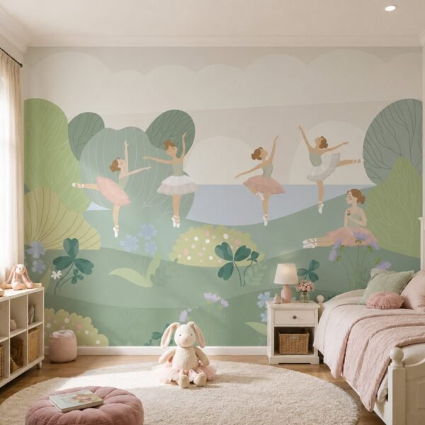 Pastel Recital – Soft pastel ballerina wallpaper featuring graceful dancers, rolling green hills, oversized foliage and delicate flowers