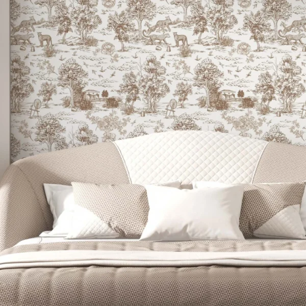 Pastoral Reverie – Classic toile scenic wallpaper with pastoral landscapes and wildlife for elegant bedroom, living room, or heritage-inspired interiors
