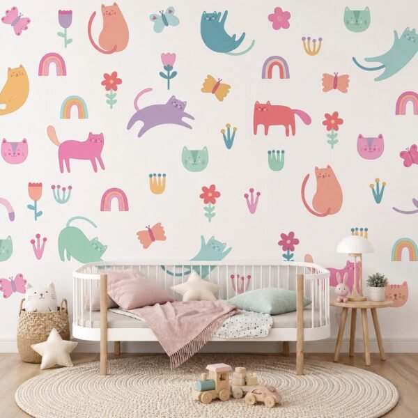 Petal Purr – Playful pastel cat wallpaper with colourful kittens, rainbows, butterflies and flowers