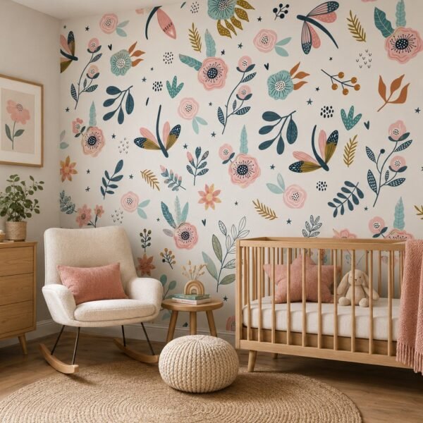 Petal Wings – Playful floral and dragonfly wallpaper with pink blossoms, teal leaves and mustard accents
