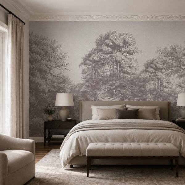 Pewter Copse – Monochrome engraved forest wallpaper mural with finely illustrated trees in soft grey and white