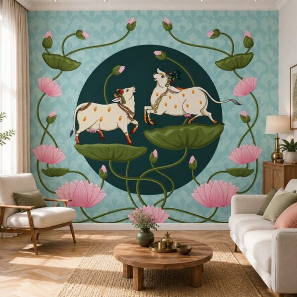 Pichwai Duet – Indian Pichwai cow and lotus wallpaper with turquoise damask detailing