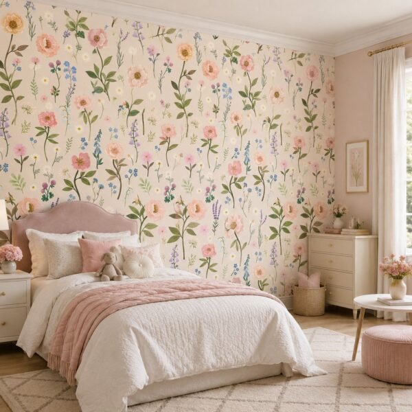 Primrose Verse – Pastel wildflower wallpaper with delicate pink, blue and lavender blooms on a soft blush background