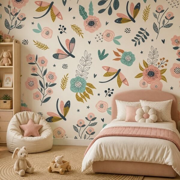 Rosy Gliders – Playful white floral and dragonfly wallpaper with pink blossoms, teal leaves and mustard accents