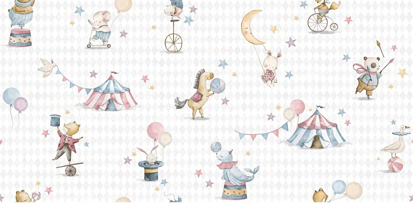 Fantasy Circus – Circus dreams standard wallpaper — pastel kids wallpaper featuring animals, balloons, and circus tents for playful nursery walls
