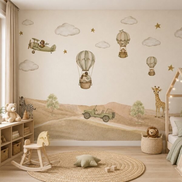 Safari Aeronauts – Whimsical safari nursery wallpaper featuring hot-air balloons, an aeroplane, giraffe, zebra, jeep, clouds and stars in warm neutral tones