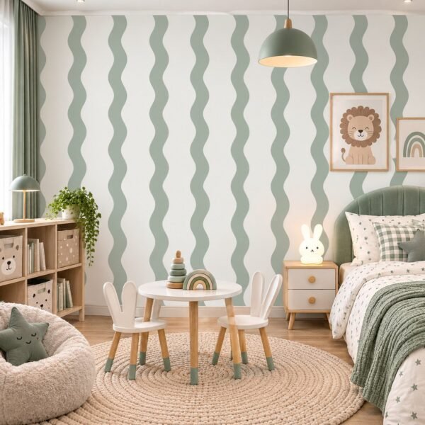 Sage Ripple – Soft sage green and white wavy stripe wallpaper with a clean abstract pattern