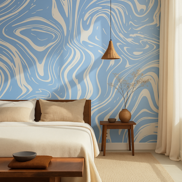 Serene Current – Blue and white marble wallpaper with fluid abstract patterns, artistic stone textures, modern contemporary designs, and elegant wall art
