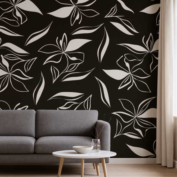 Shadow Canopy – Black and white floral wallpaper with bold leaves, leaf patterns, foliage designs, botanical motifs, and modern nature‑inspired wall art