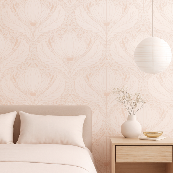 Soft Bloom – Elegant blush pink floral wallpaper with lotus-inspired pattern for bedroom, hall, or living room décor, soft pastel wall art adding a serene modern touch