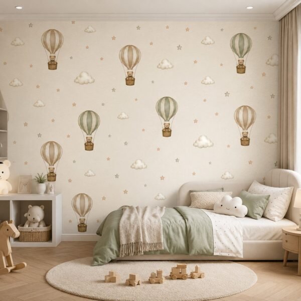Starlit Ascent – Soft beige teddy bear hot-air balloon wallpaper with delicate clouds and stars for nurseries, baby bedrooms and playrooms, creating a calm