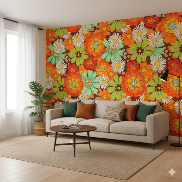 Sunshine Floral – Retro floral wallpaper with large orange, red, yellow, green, and white flowers, vintage blossom patterns, botanical designs