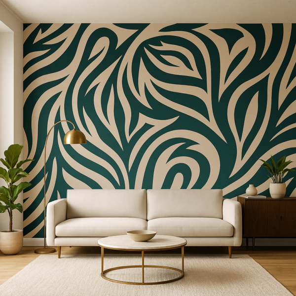 Teal Current – Abstract wallpaper with teal and cream flowing shapes, organic artistic patterns, modern geometric designs, and contemporary wall art