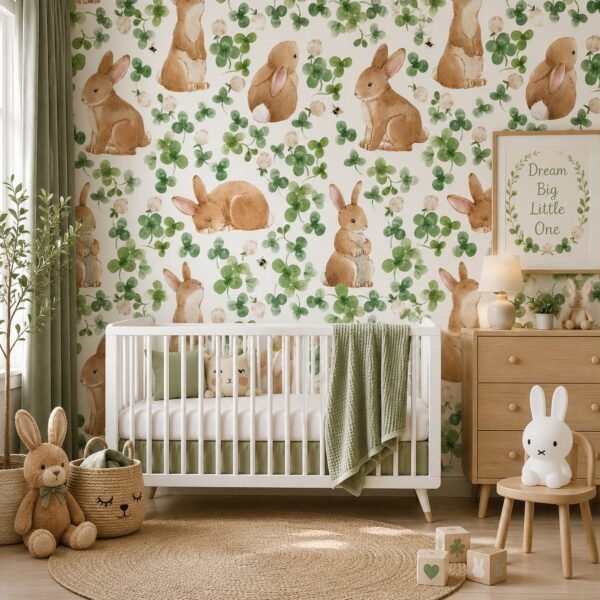 Thimble Tails – Charming watercolor bunny wallpaper with soft brown rabbits, green clover leaves and tiny white blossoms