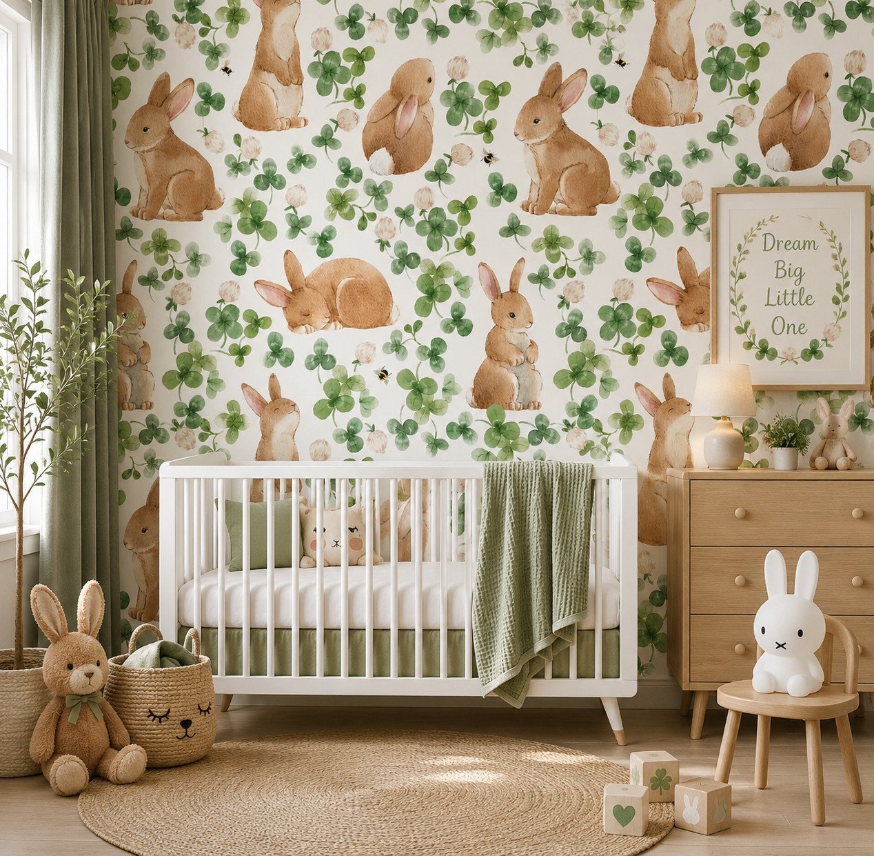Thimble Tails – Charming watercolor bunny wallpaper with soft brown rabbits, green clover leaves and tiny white blossoms