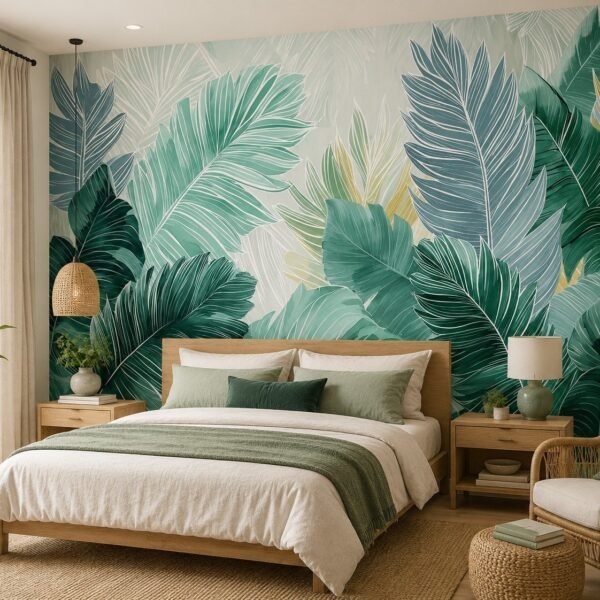 Tidal Palms – Layered tropical leaf wallpaper in fresh mint, teal, sage and deep green tones