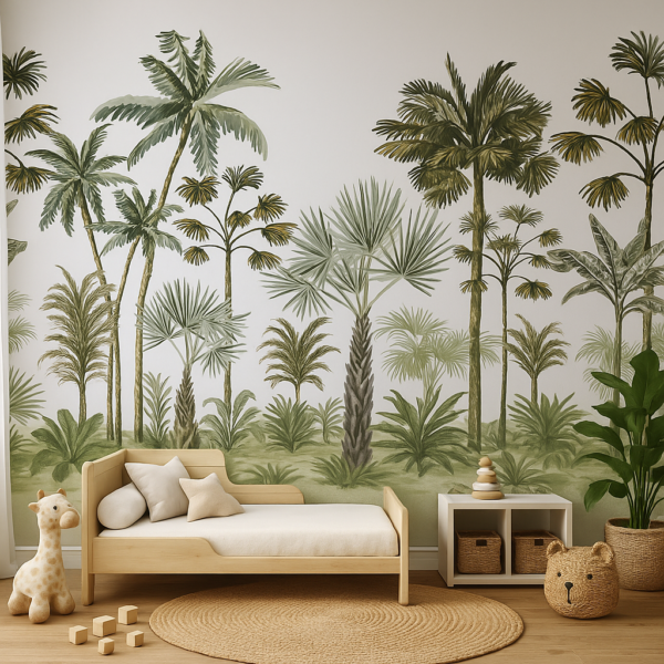 Tropic Haze – Tropical green palm tree wallpaper mural for living room or bedroom — lush botanical wall art bringing serene coastal vibes to modern interiors