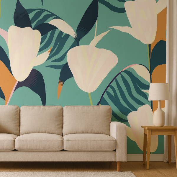 Tropical Bloom – a modern tropical wallpaper featuring lush teal tones, oversized florals, and sleek minimalist appeal