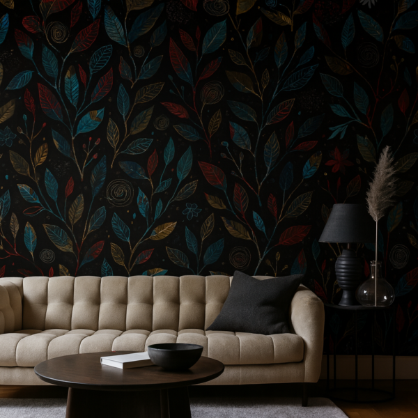 Twilight Bloom – Elegant dark botanical wallpaper with abstract colorful leaves in blue, red, and gold tones