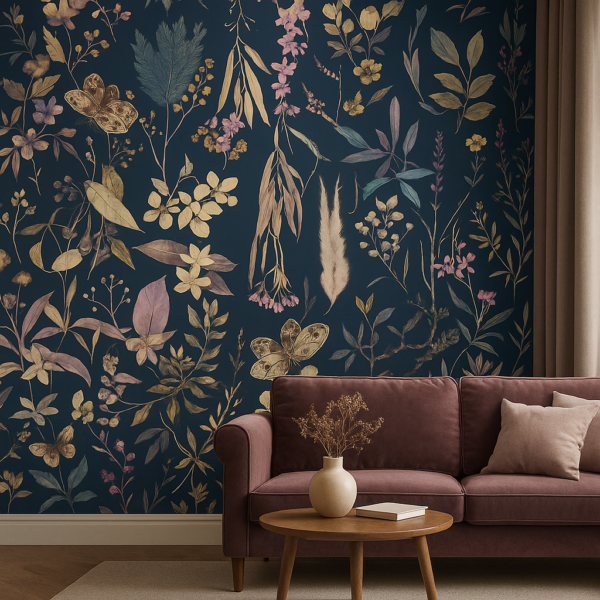 Twilight Botanica – a refined wallpaper featuring hand-illustrated florals and butterflies against a deep navy backdrop