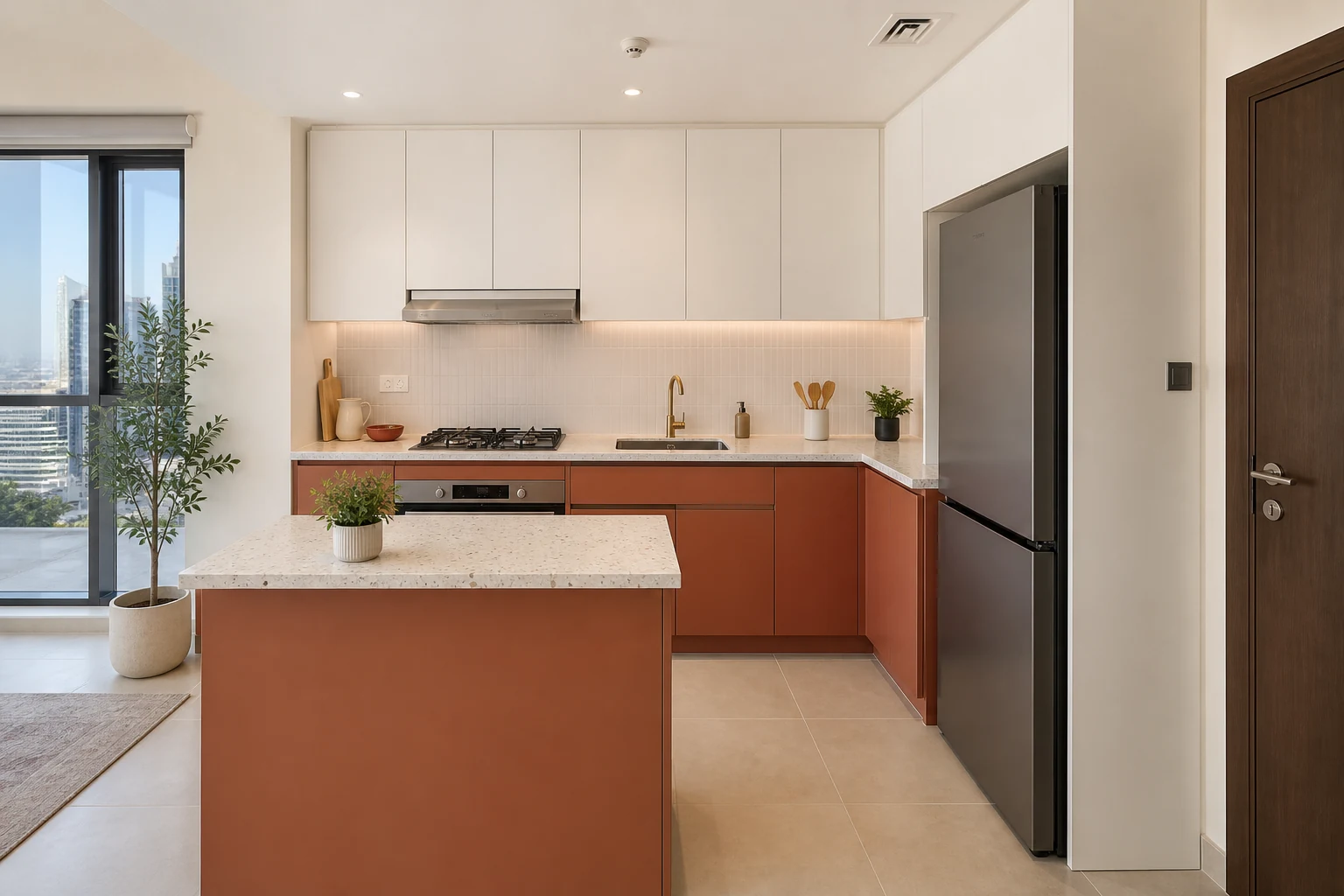 Warm colour kitchen wrapping direction