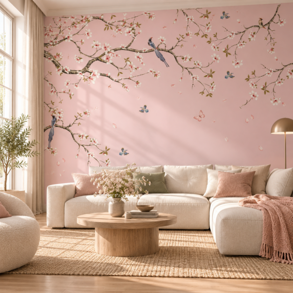 Blush Aviary – Elegant blush cherry blossom wallpaper mural with graceful flowering branches and delicate blue birds