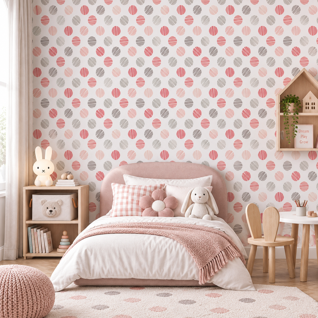 Doodle Dots – A playful polka dot wallpaper with pink, red and grey hand-drawn striped circles scattered across a clean white background